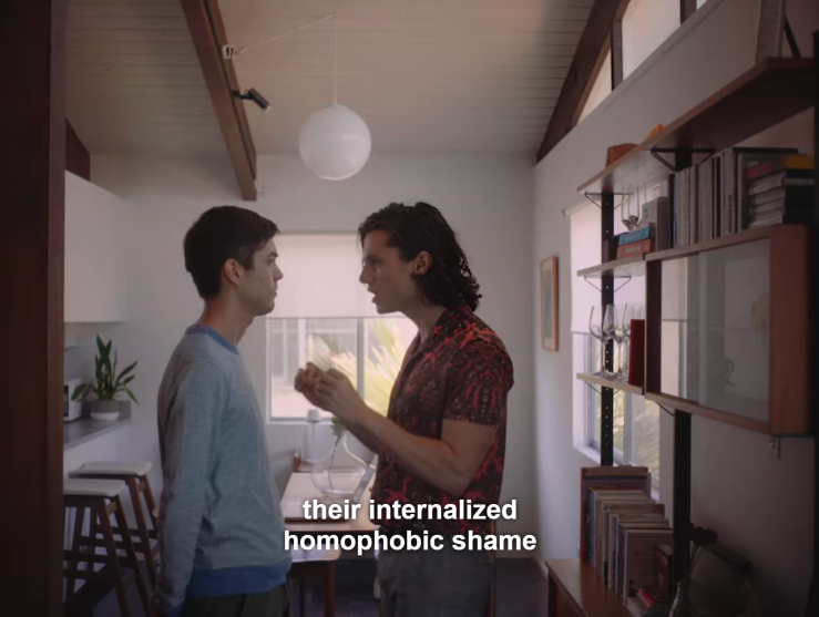 Todd (left) and his friend Ryder (right) facing each other in a heated argument, with Ryder saying, "their internalized homophobic shame," while gesturing at Todd.